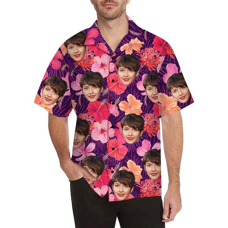Chemise hawaïenne à impression intégrale pour hommes, personnalisée avec un mélange de visages et de fleurs multicolores