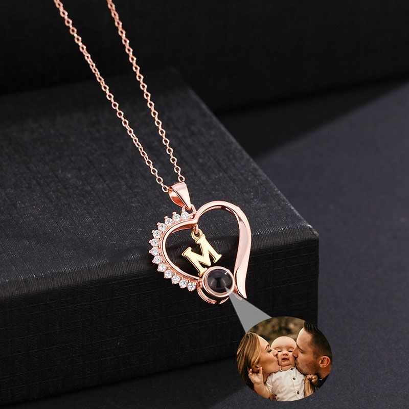 Sterling Silver Personalized Beating Heart Letter Projection Necklace with Diamonds