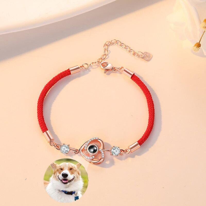 Personalized Photo Projection Bracelet with Red Cord-Heart Rose Gold