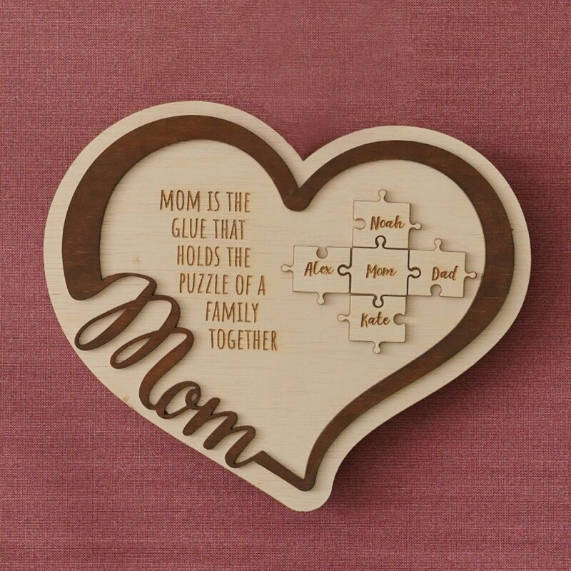Custom Heart Name Puzzle Frame "Mom Is The Glue That Holds The Puzzle Of A Family Together" for Mother's Day