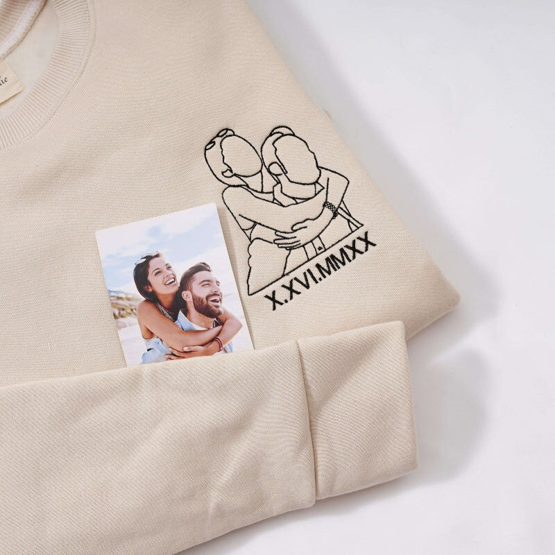 Personalized Sweatshirt Custom Embroidered Couple Line Photo and Roman Numeral Date Gift for Lover