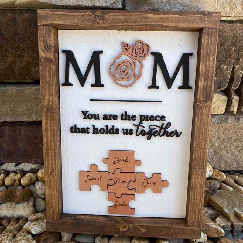 "You Are The Piece That Holds Us Together" Personalised Puzzles Engraved Name Sign With Rose