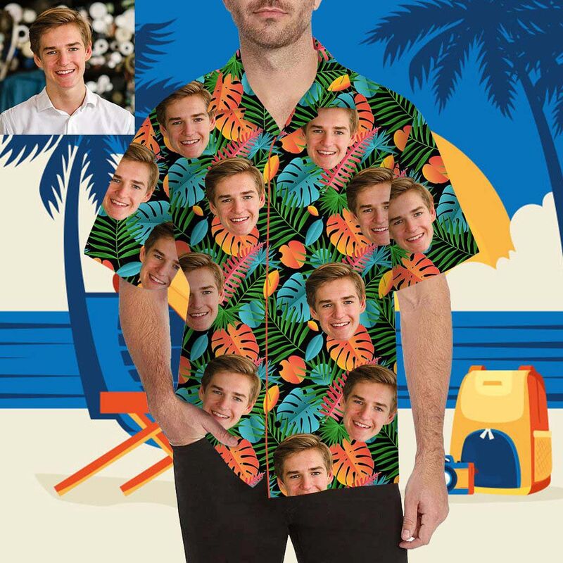 Custom Face Colorful Leaves Men's All Over Print Hawaiian Shirt