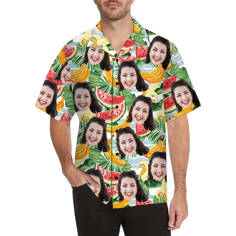 Chemise hawaïenne à impression intégrale Visage personnalisé Banane et pastèque pour hommes