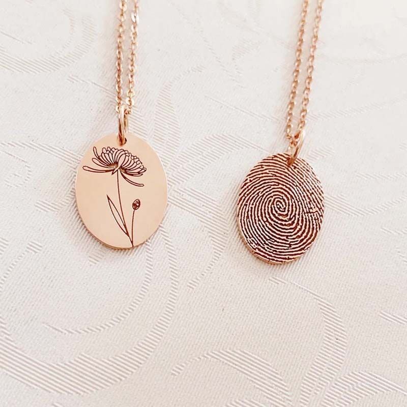 Personalised Round Fingerprint Necklace with Birthday Flowers