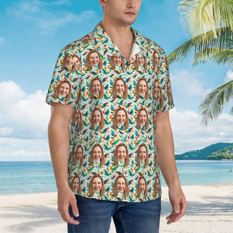 Camicia hawaiana personalizzata con stampa di uccelli in stile tropicale per uomo