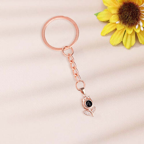 Personalized Rose Flower Photo Projection Keychain with Diamonds