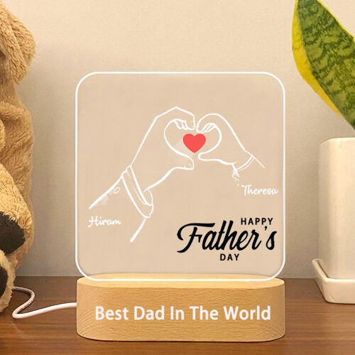 Personalized Acrylic Plaque Lamp Dad and Kid Hand Heart with Custom Name for Dear Dad