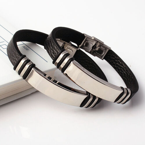 Personalized Titanium Steel Pebbled Leather Men's Bracelet Custom Photo and Text