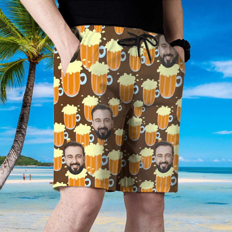 Personalized Picture Men's Beach Shorts with Beers Pattern Stylish Present for Daddy