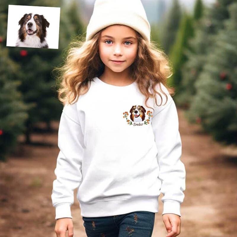 Personalized Kids Embroidered Sweatshirt Color Photo of Pet's Head with Flower Decor Gift for Children