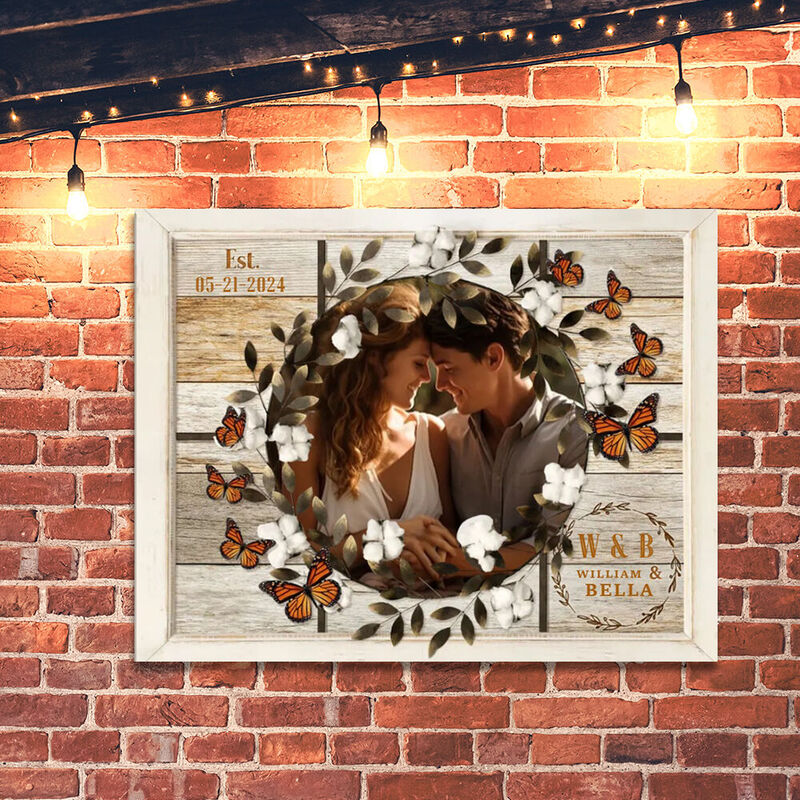 Personalized Picture Canvas Wall Art with Butterflies Pattern Romantic Gift for Sweet Couples
