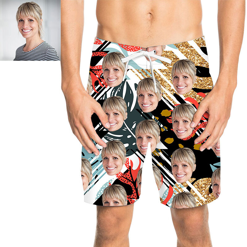 Custom Face Mix Colorful Leaves Men's Beach Shorts