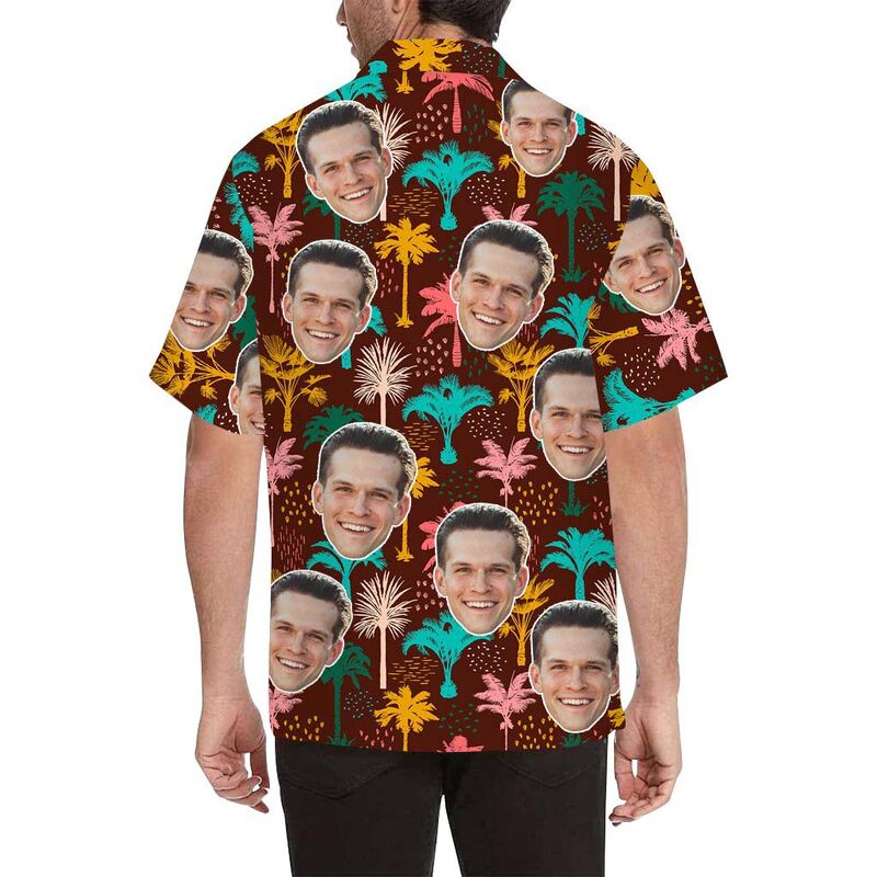 Chemise hawaïenne à impression intégrale pour homme avec visage personnalisé et palmiers colorés