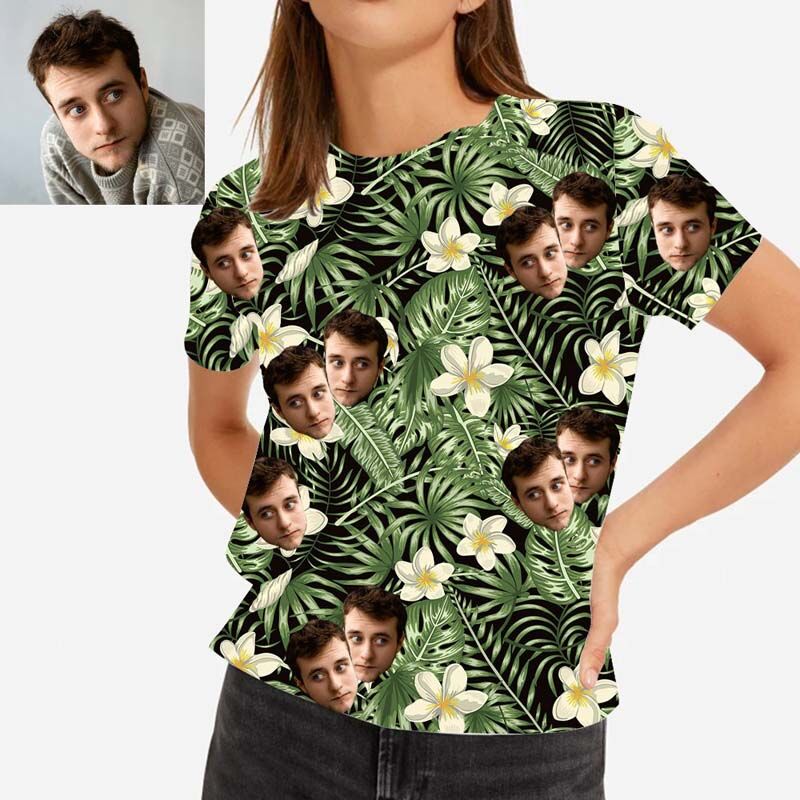 Custom Face Women's Hawaiian T-Shirt With Green Leaves