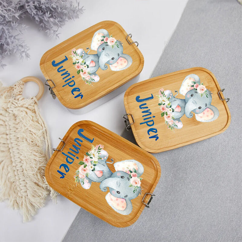 Personalized Lunch Box Custom Name With Cute Elephant With Flowers
