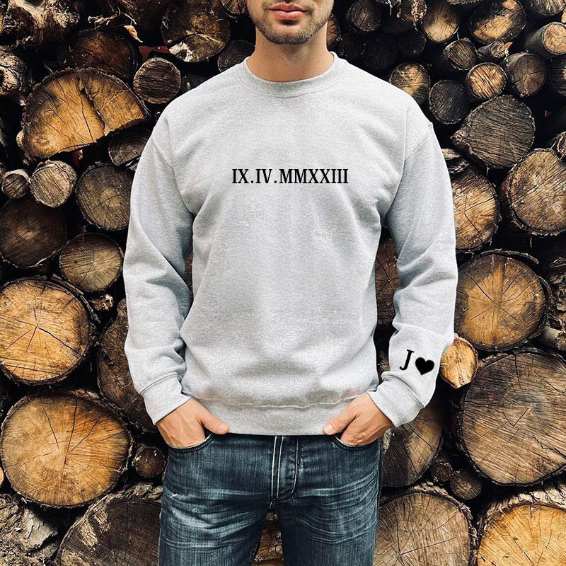 Personalized Sweatshirt with Embroidered Roman Numeral Date And Initial Unique Gift for Anniversary