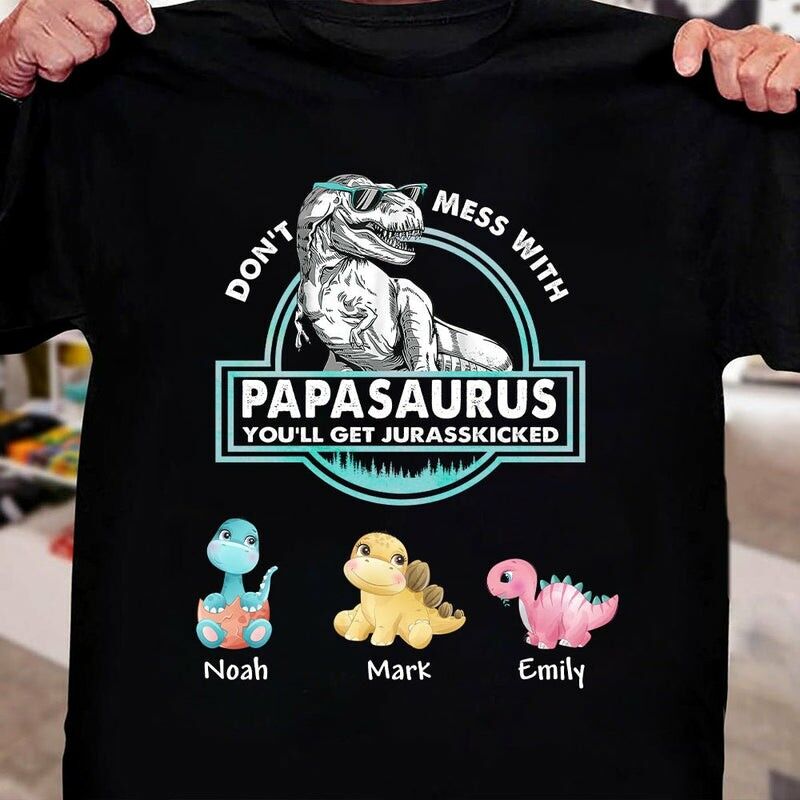 Personalisiertes T-Shirt Papasaurus mit optionalen Cartoon Dinosaurier Muster kreatives Geschenk für den Vatertag