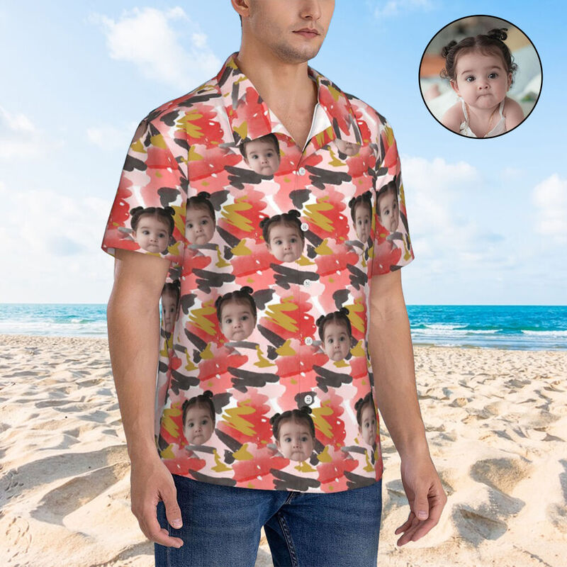 Camisa Personalizada con Estampado de Cara Tropical Hawaiana de Manga Corta con Estampado de Cara de Bebé para Él