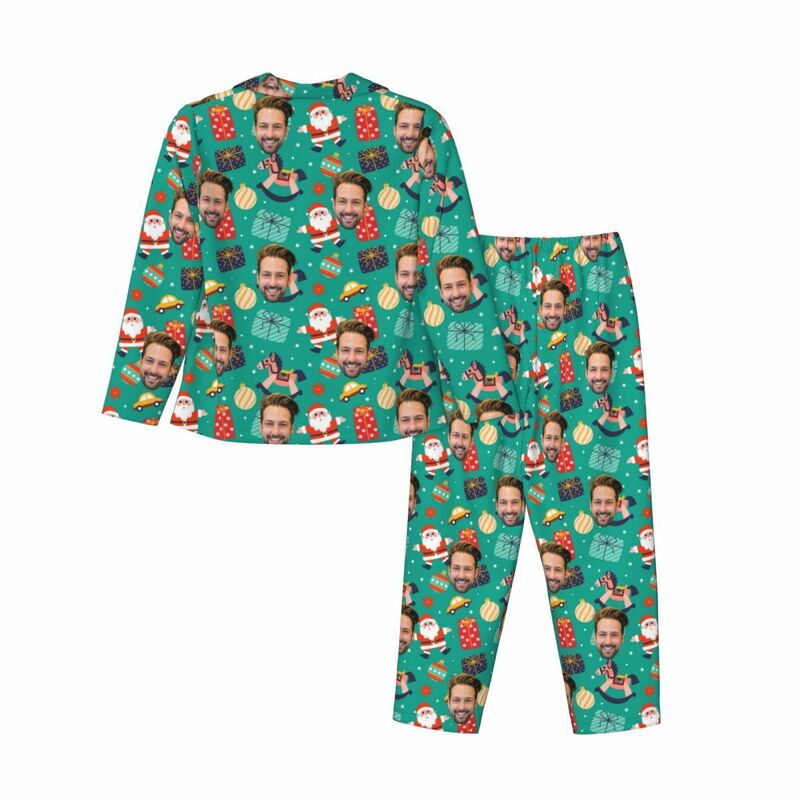 Personalisierte Pyjamas mit individuellem Foto Weihnachtsmann Steckenpferd Niedliches Muster Design Geschenk für die Familie