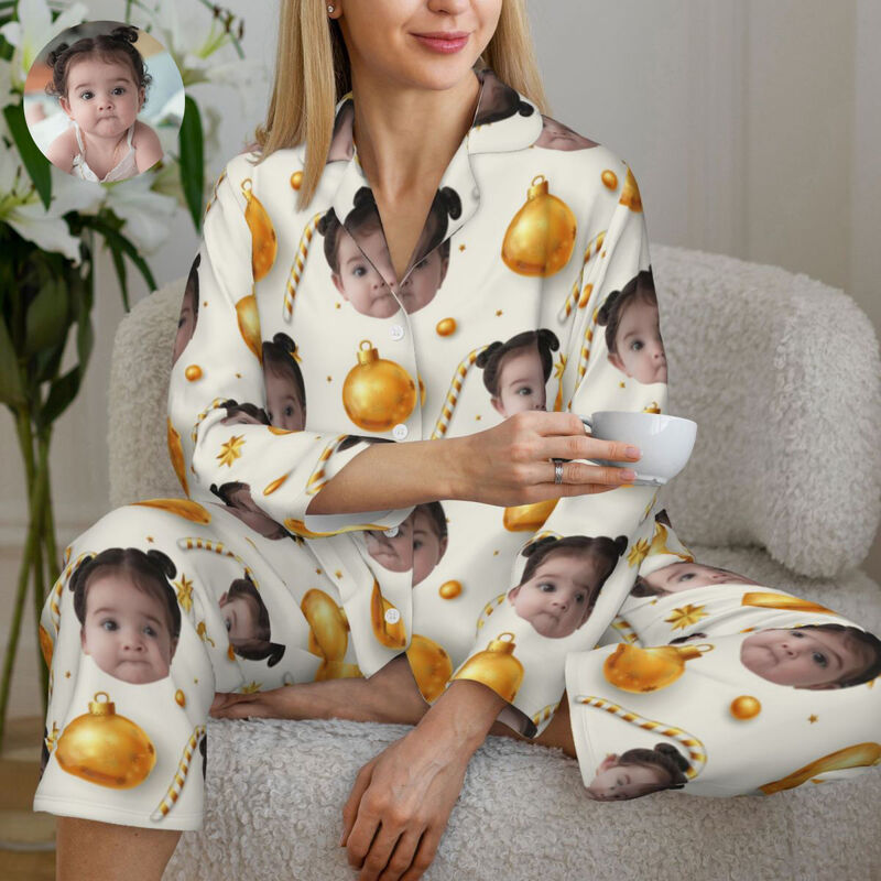 Personalisierte Pyjamas mit individuellem Kinderfoto Weihnachtsglocke Süßigkeit Goldener Stil Muster Design Geschenk für sie