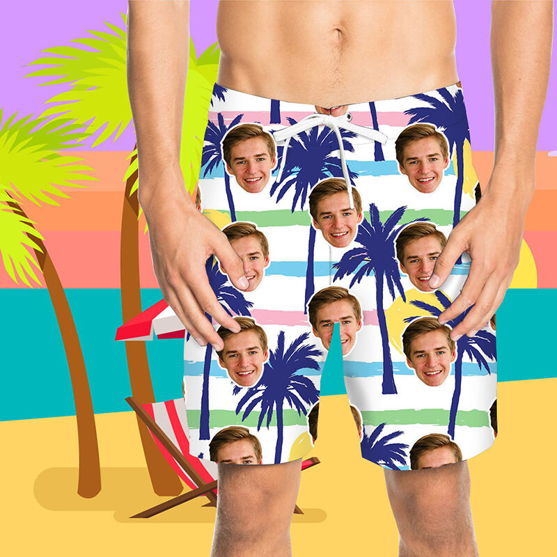 Custom Face Dark Blue Coconut Tree Men's Beach Shorts