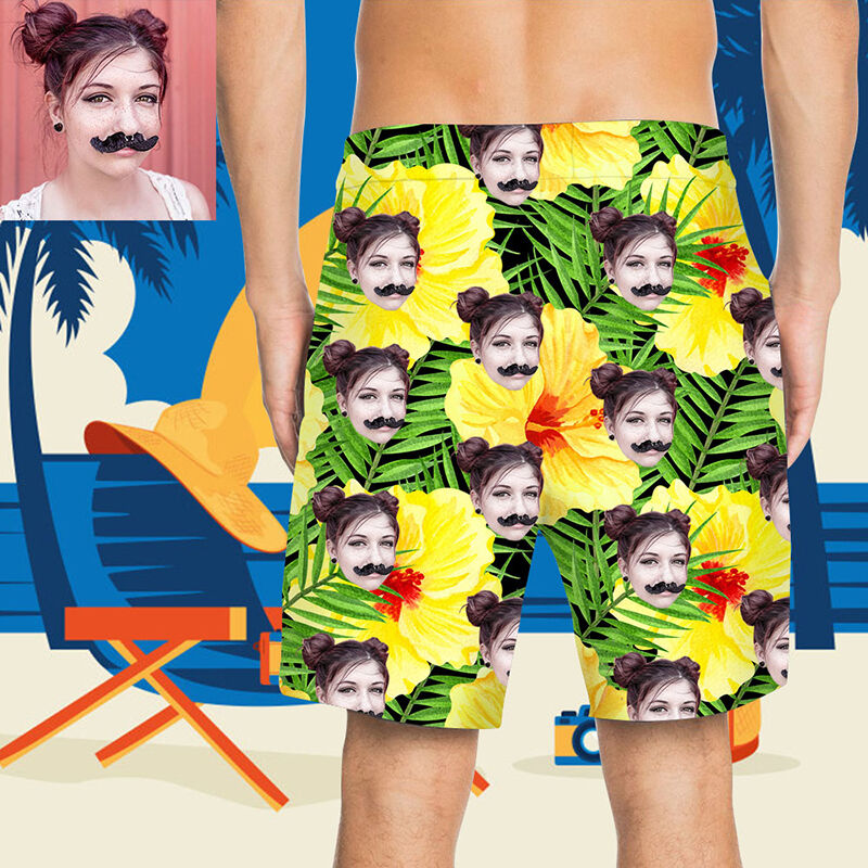 Custom Face Yellow Flowers and Green Leaves Men's Beach Shorts
