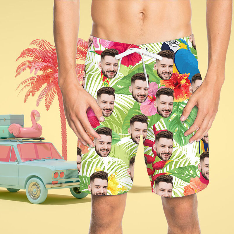 Custom Face Beautiful Parrot Men's Beach Shorts