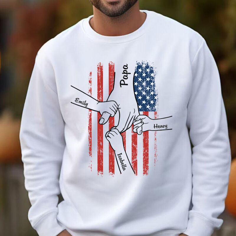 Personalized Sweatshirt Hold Your Hand with Stars and Stripes Pattern Custom Names Attractive Gift for Father's Day