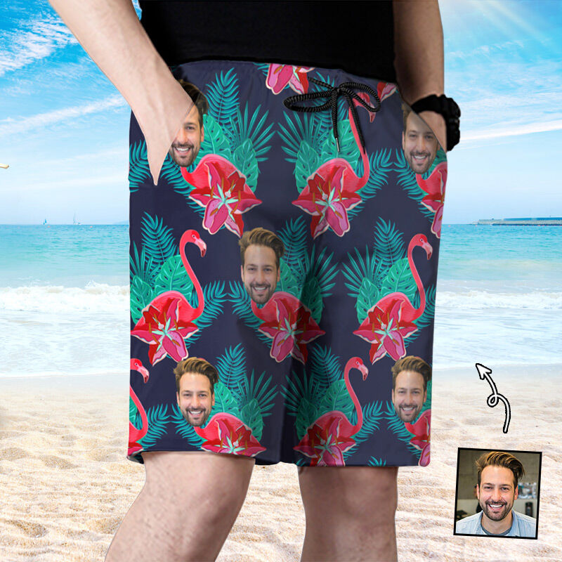 Personalized Picture Men's Beach Shorts with Cute Flamingo Pattern Best Present for Grandpa