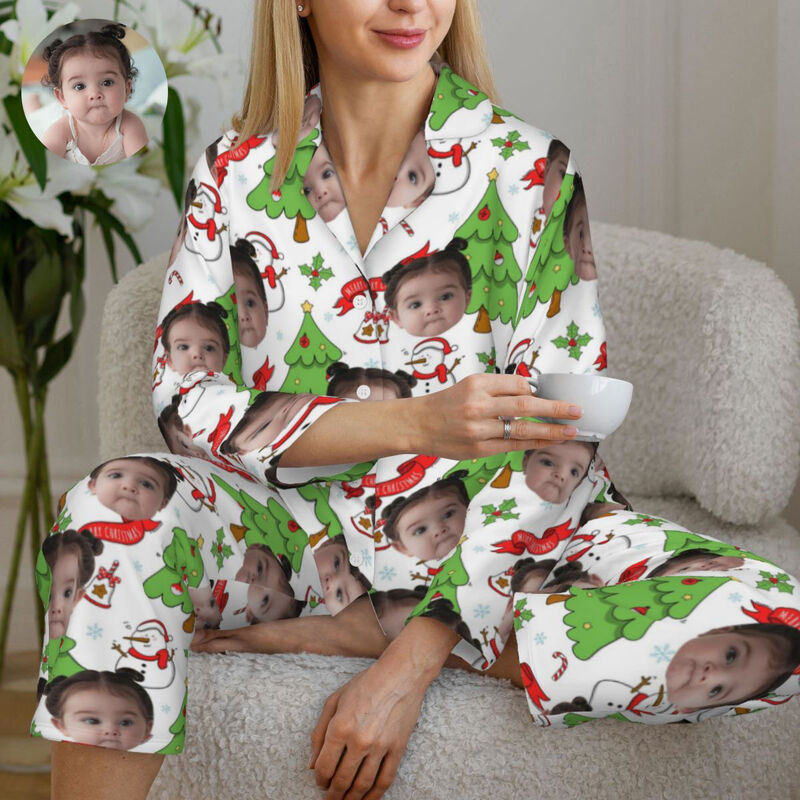 Personalisierte Pyjamas mit individuellem Foto Weihnachtsbaum Schneemann Cartoon-Stil Design Niedliches Geschenk für die Familie