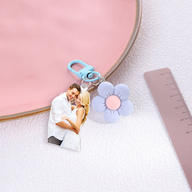 Personalized Acrylic Photo Keychain With Flower Decoration Cute Gift For Girls