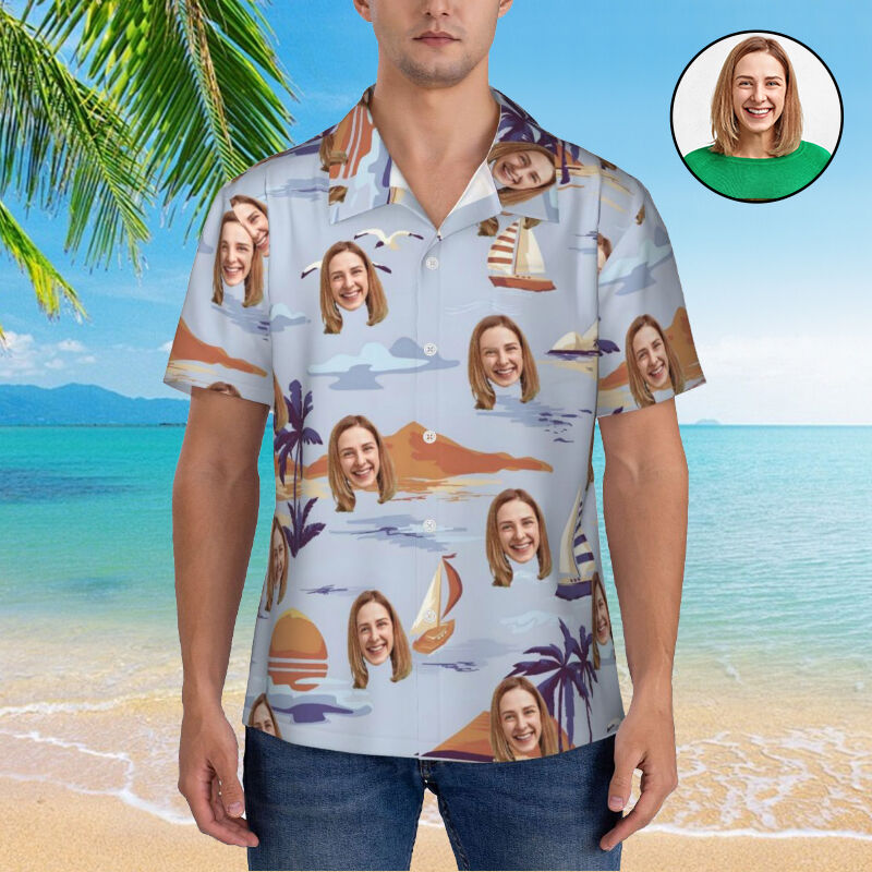 Personlig hawaiisk skjorta med tryck av segling på havet semesterpresent med eget foto för par