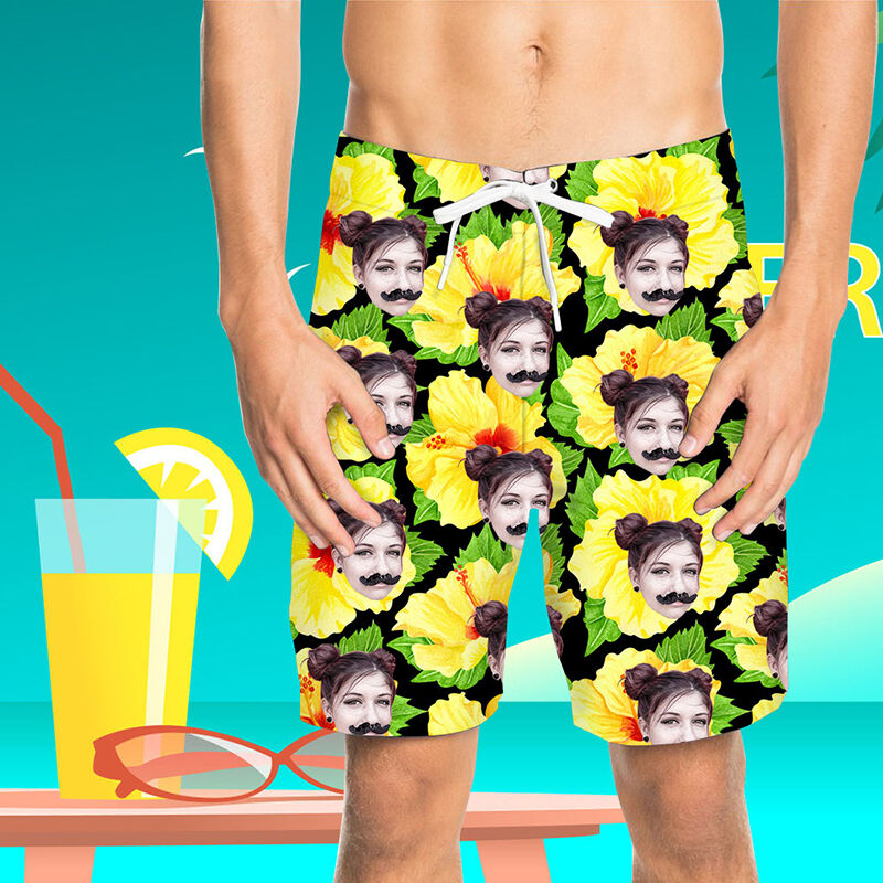 Custom Face Cute Yellow Flowers Men's Beach Shorts