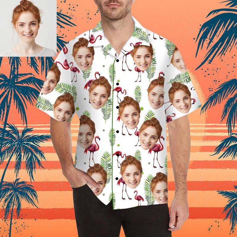 Custom Face Pretty Flamingo and Leaves Men's All Over Print Hawaiian Shirt