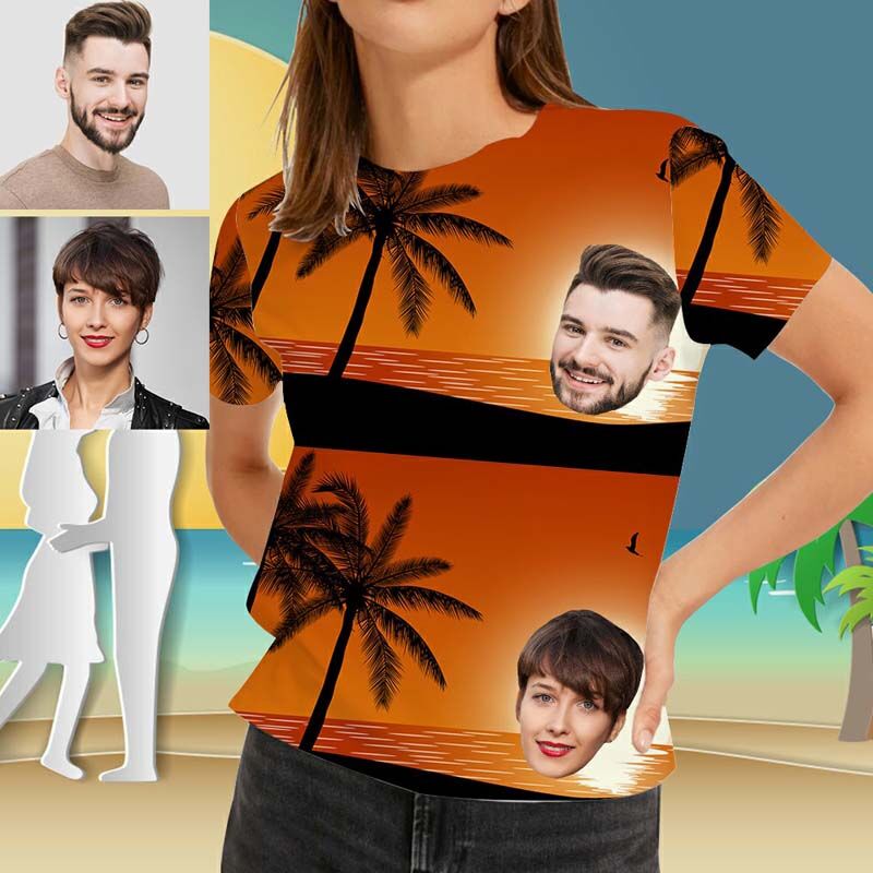 T-shirt Hawaïen Personnalisé Imprimé avec Coucher de Soleil au Bord de la Mer