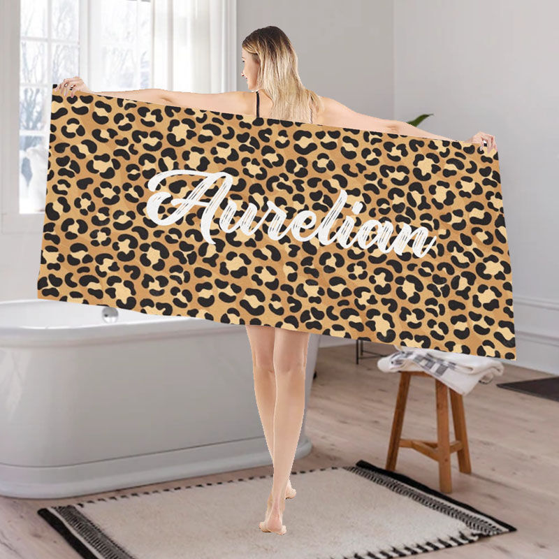 Personalized Name Bath Towel with Leopard Pattern for Husband