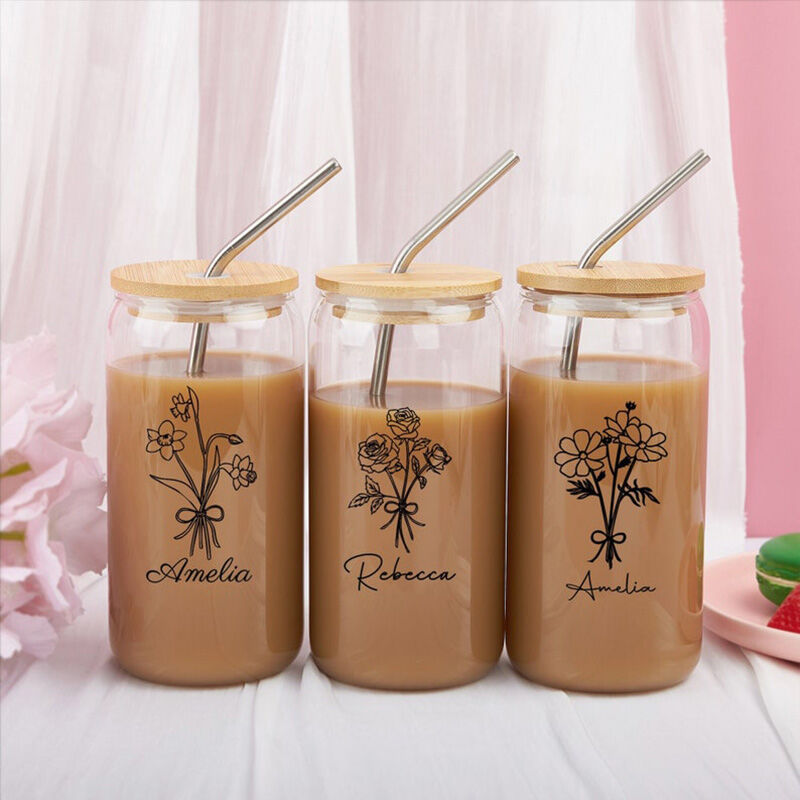 Personalized Birth Flower And Name Glass Cup with Lid And Straw Trendy Thanksgiving Day Present