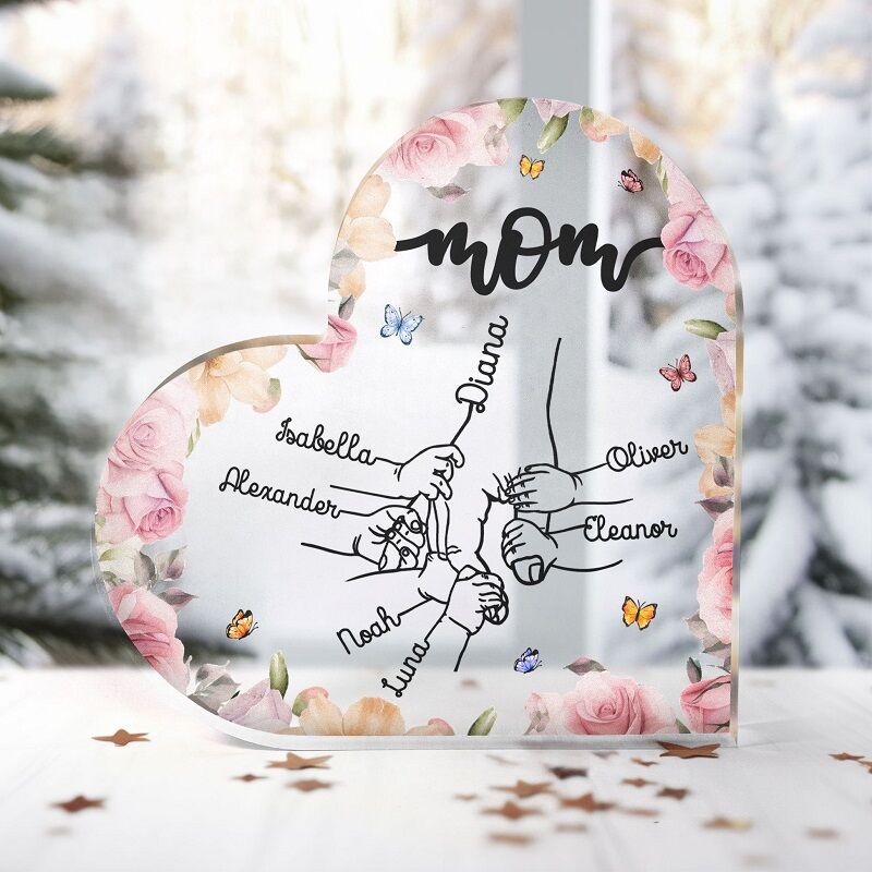 Personalized Acrylic Plaque Hand in Hand with Mom Pretty Pink Flowers Design Great Gift for Mother's Day