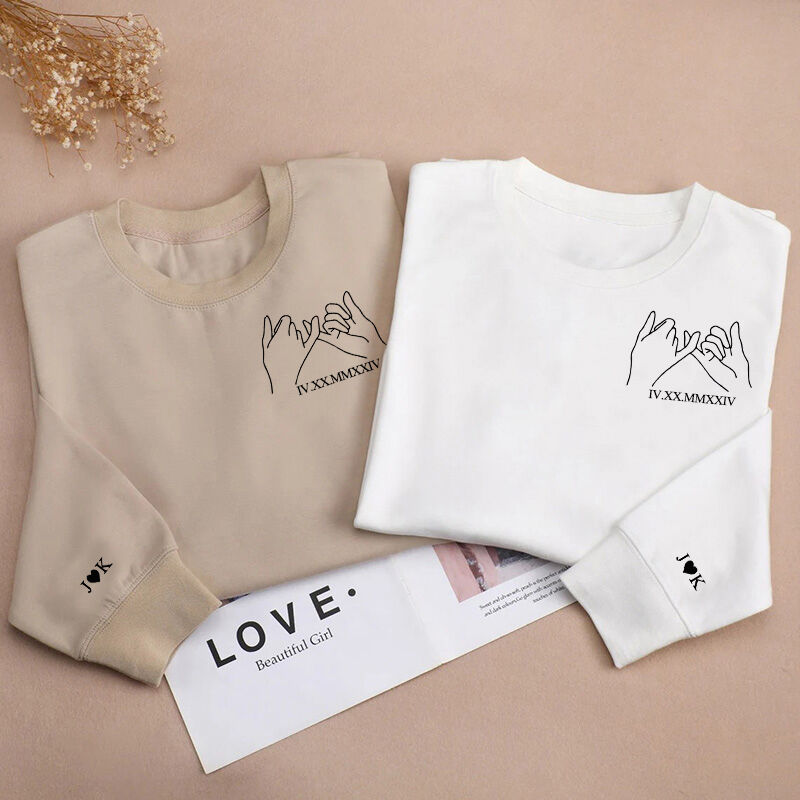 Personalized Sweatshirt Embroidered Pinky Promise with Custom Roman Numeral Date for Couple's Anniversary