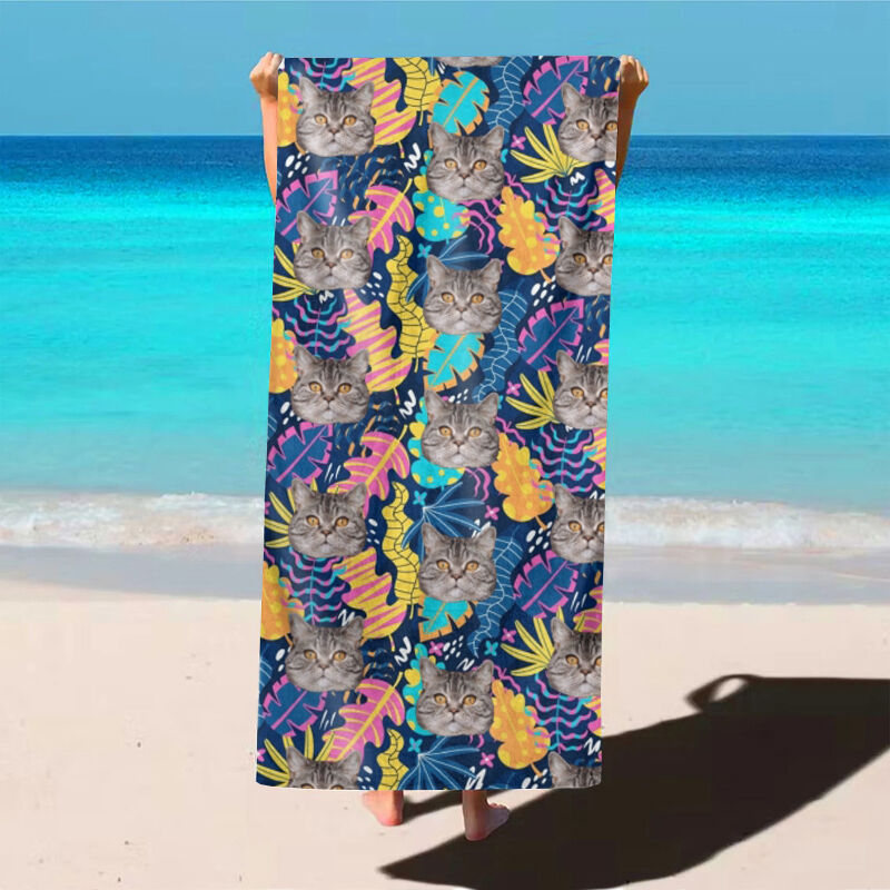 Personalized Picture Bath Towel with Leaves Pattern Perfect Gift for Pet Lover