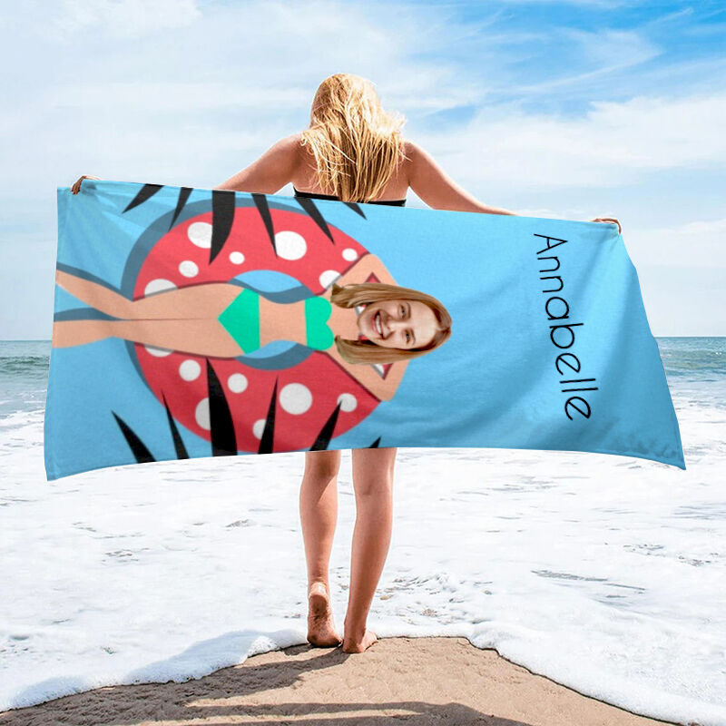 Personalized Photo Bath Towel with Swimming Ring Pattern Best Gift for Bestie