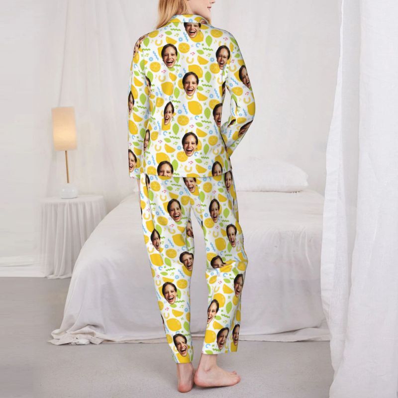 Gepersonaliseerde pyjama op maat foto Verfrissend citroenpatroon ontwerp Levendig cadeau voor haar Familie