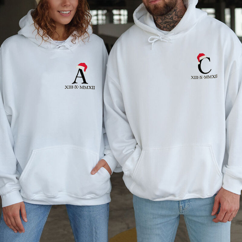 Personalized Hoodie Embroidered Custom Roman Numeral Date Santa Hat Letter Design Christmas Gift for Couples