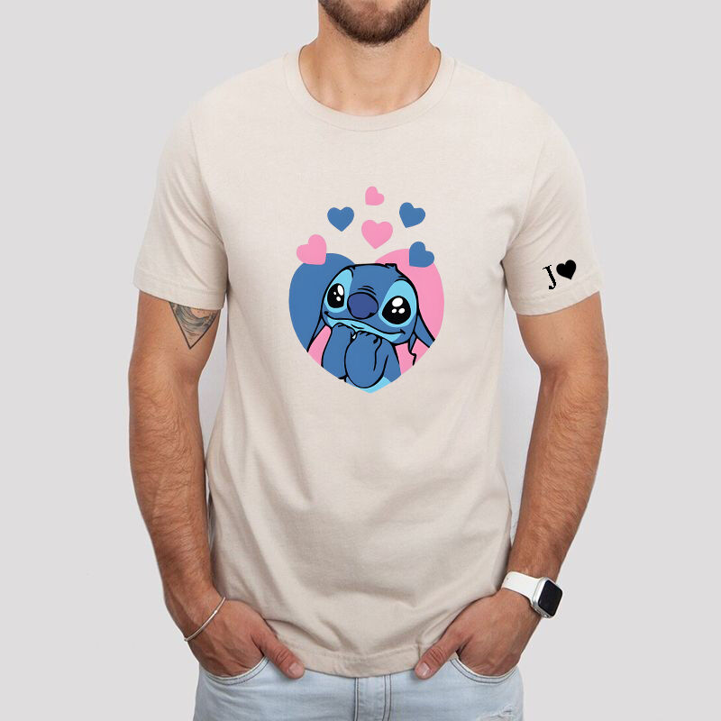 Personalized T-shirt Cartoon Stitch and Angel Heart Design Attractive Valentine's Day Gift for Lovers