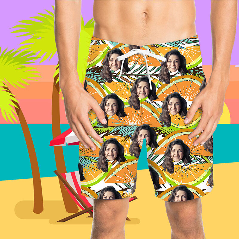 Custom Face Orange Men's Beach Shorts