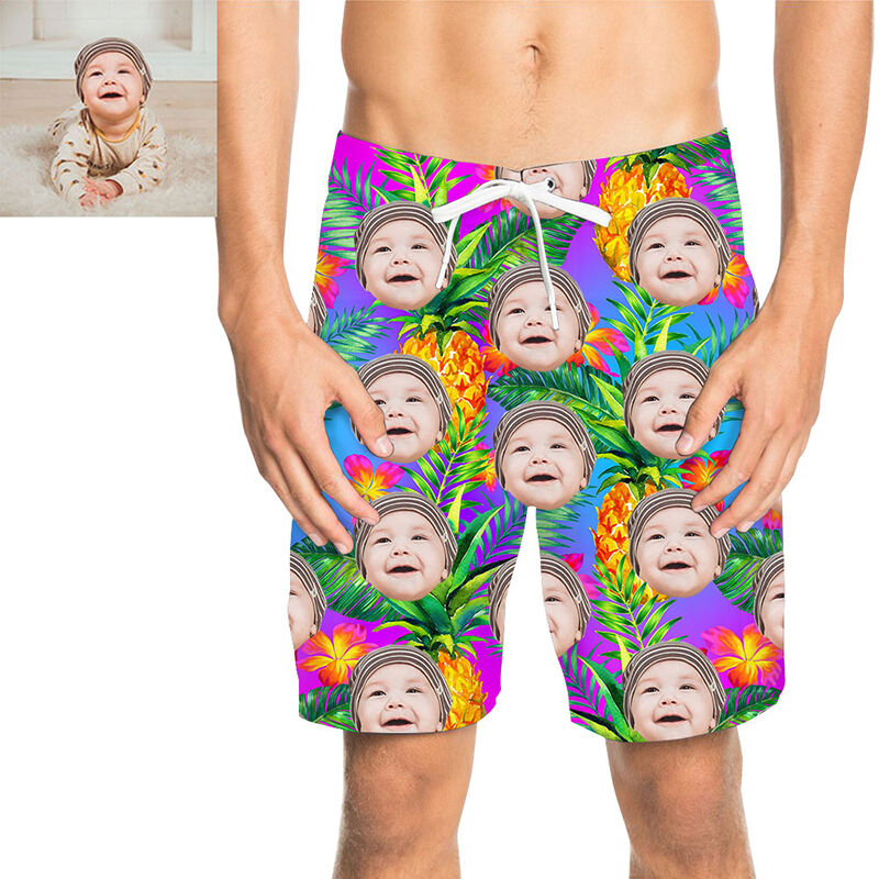 Custom Face Colorful Leaves and Pineapple Men's Beach Shorts