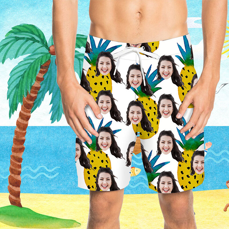Custom Face Pineapple White Men's Beach Shorts
