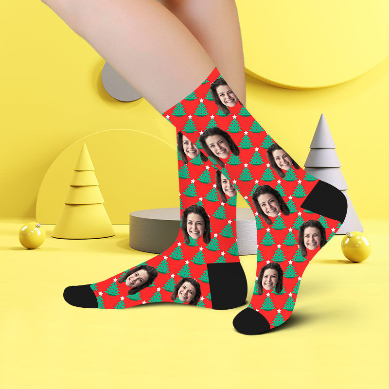 Custom Face Picture Socks Printed with Christmas Tree for Girlfriend