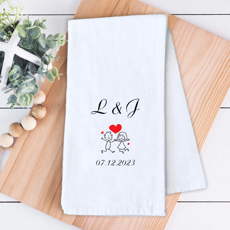 Personalized Towel with Custom Letter and Date Cute Line Drawing Couple Adorable Gift for Her